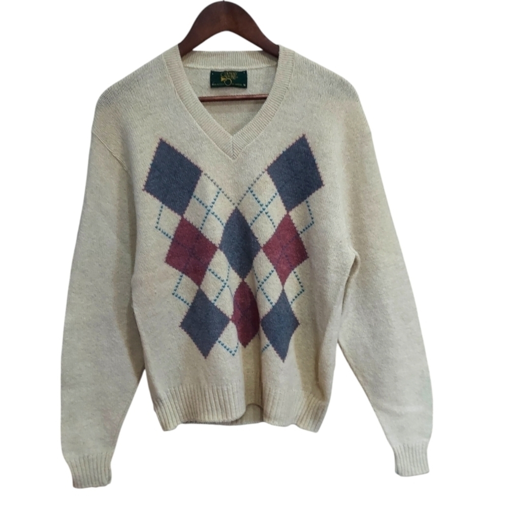 Mens Vintage Country Squire Arglye Wool Blend V-Neck Sweater USA